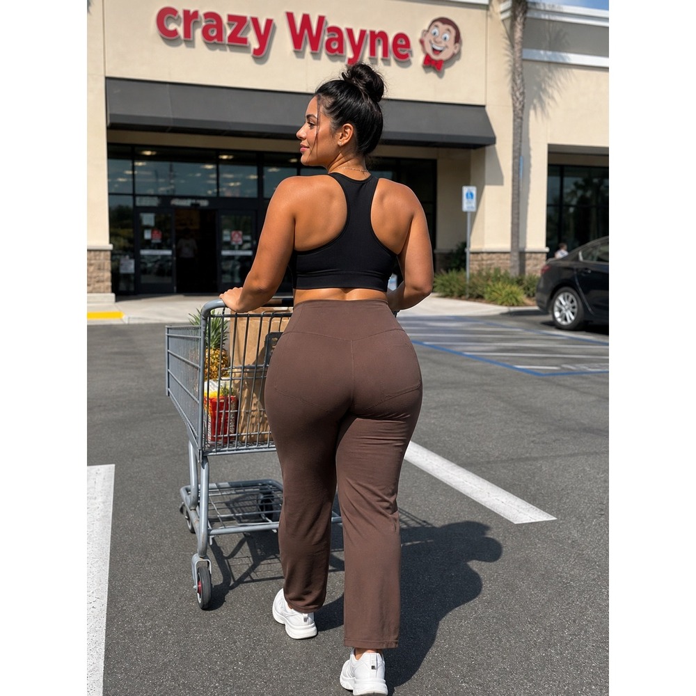 Unbranded Women Brown Wide Leg Yoga Pants High Waist Pockets XL Leggings